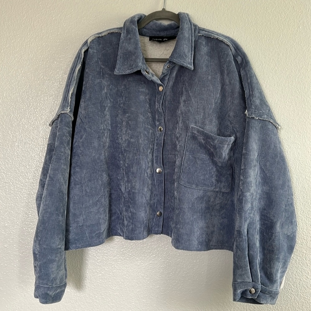 White Birch Soft Blue Chenille with Plush Sherpa Lining Cropped Jacket Size 2X